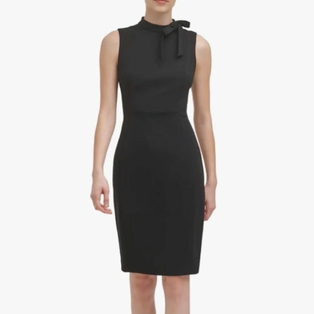 Calvin Klein Black Midi Pencil Dress Sleeveless With Bow Size 8 - Picture 1 of 12